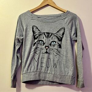 Fifth Sun Cat Graphic Crop T-Shirt MEOW Gray Long Sleeve Medium